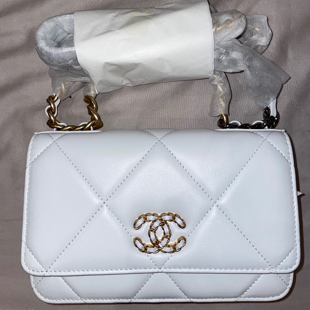 CHANEL  White Quilted Lambskin Small 19 Flap Bag Gold and Ruthenium Hardware